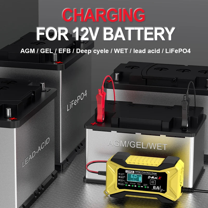 12V 6A Car Battery Charger Pulse Repair Lifepo4 14.6V Smart Fast Charge AGM Deep Cycle GEL Lead-Acid Charger for Auto Motorcycle
