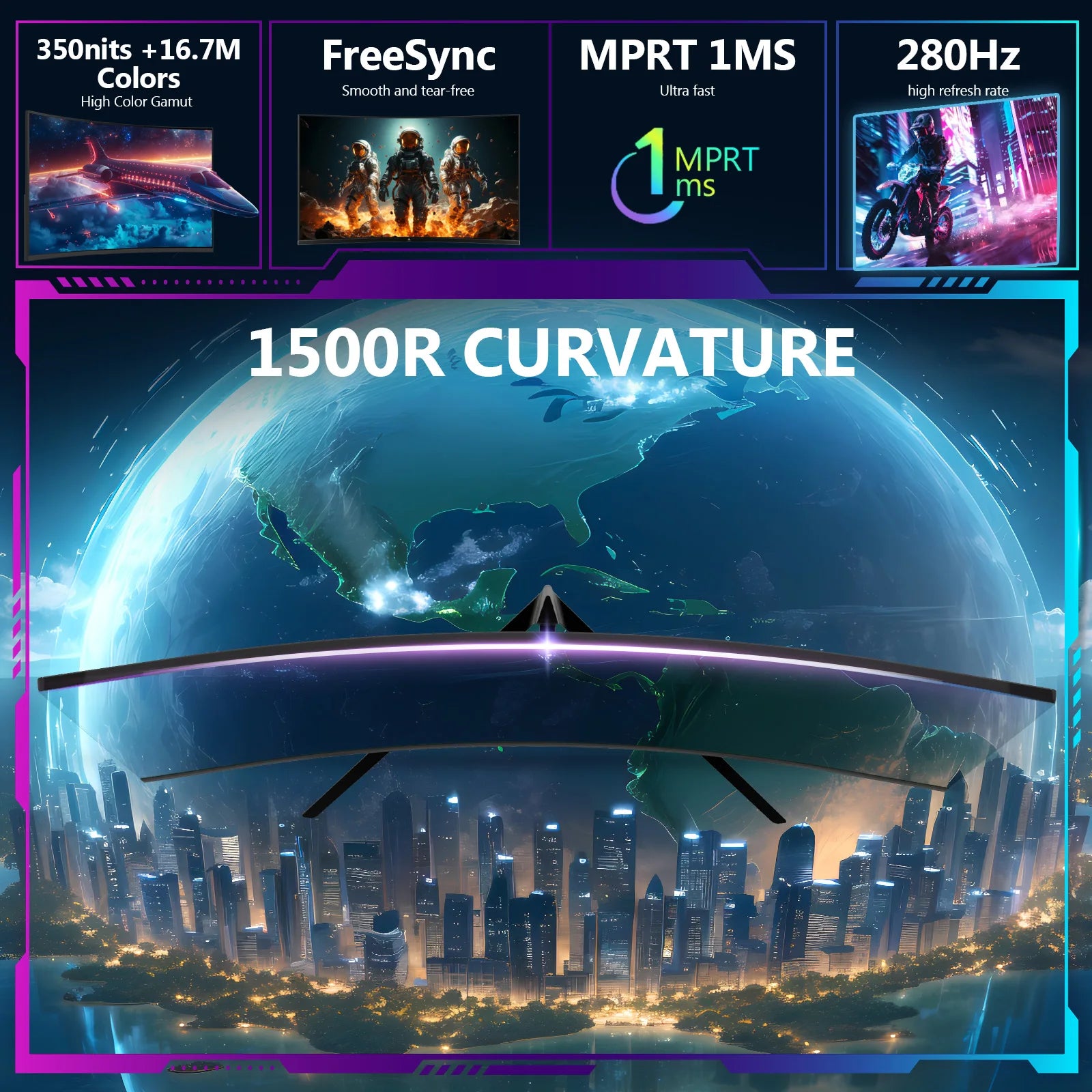 Z-EDGE 27" 280Hz 1920 x 1080 Full HD LED Curved Gaming Monitor 1ms MPRT, 16:9 VA Panel, HDR10, FreeSync, 350cd/m² Brightness, Flicker-Free & Low Blue Light, Compatible VESA