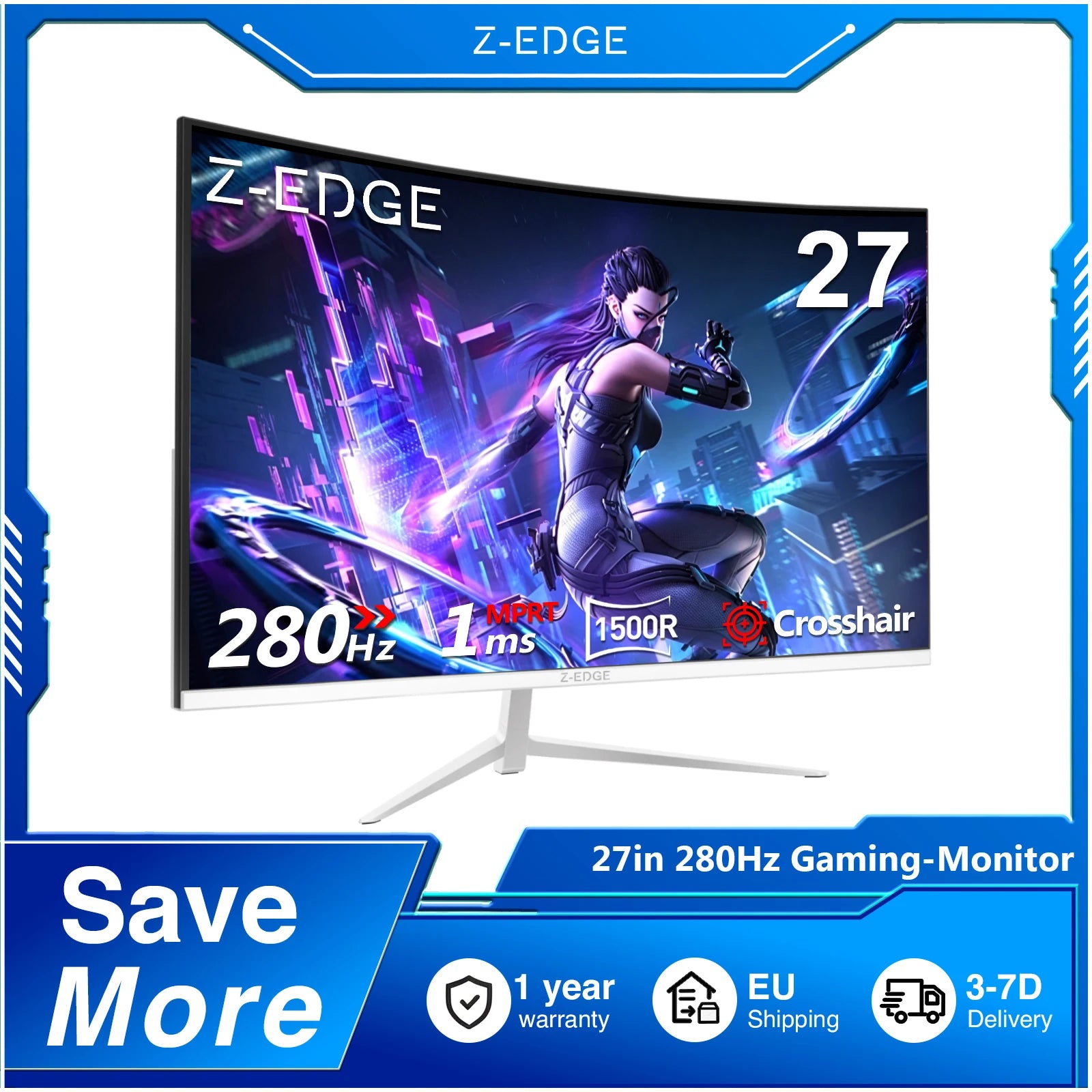 Z-EDGE 27" 280Hz 1920 x 1080 Full HD LED Curved Gaming Monitor 1ms MPRT, 16:9 VA Panel, HDR10, FreeSync, 350cd/m² Brightness, Flicker-Free & Low Blue Light, Compatible VESA