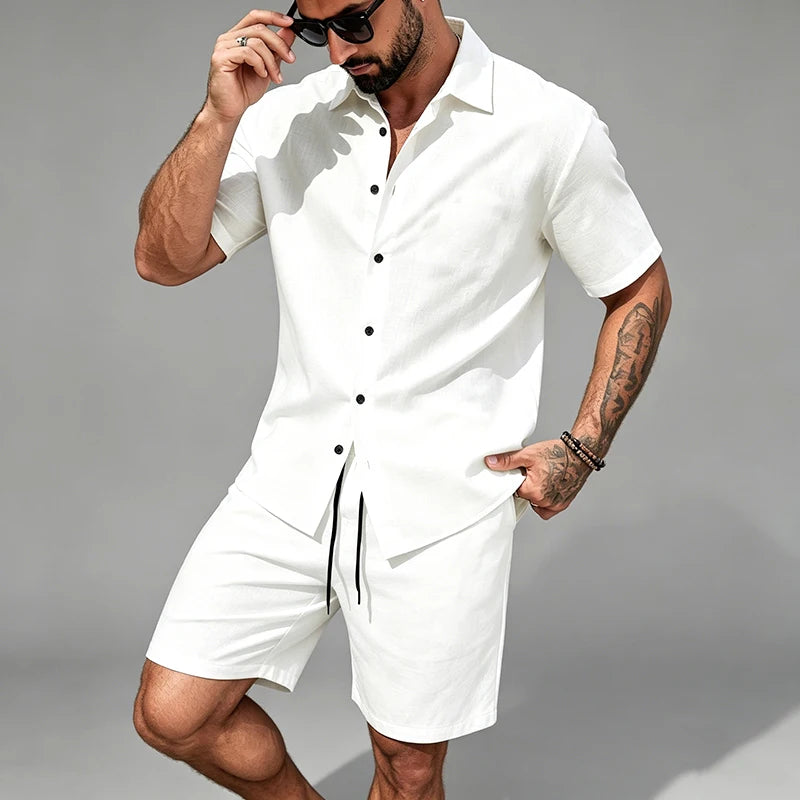 Conjunto de Lino Hombre Camisa y Bermuda para Verano