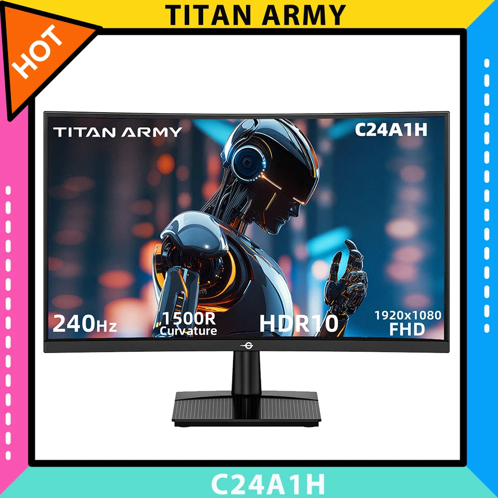 TITAN ARMY C24A1H Gaming Monitor, 23.6 inch 1500R Curved VA Screen, 1920*1080, 240Hz Refresh Rate, Dynamic OD, FreeSync, HDR10