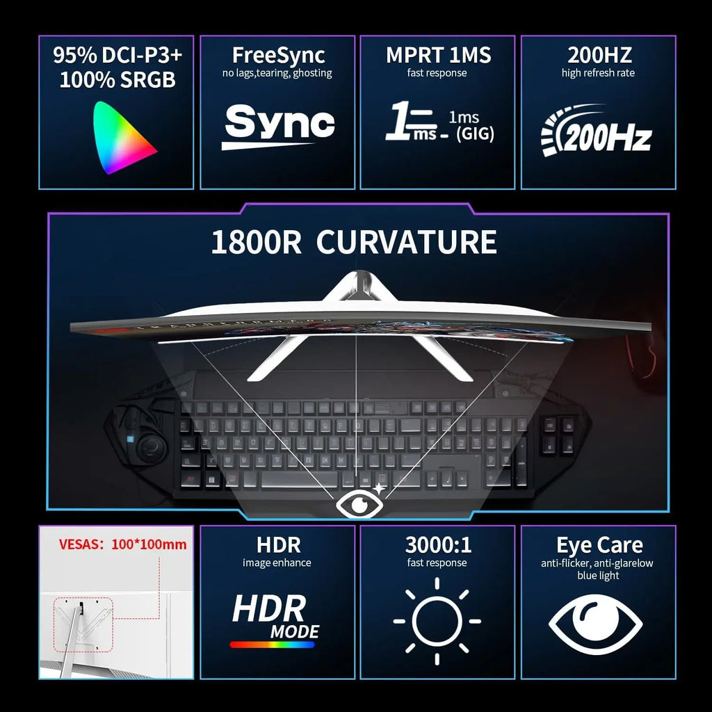 Crua Curved Gaming Monitor 27 Inch, 200Hz Fhd 1080P, Freesync, Low Motion Blur, Eye Protection,