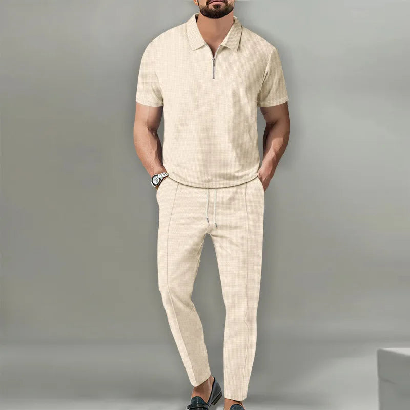 Conjunto Polo Waffle Hombre – Manga Corta y Pantalón con Cordón