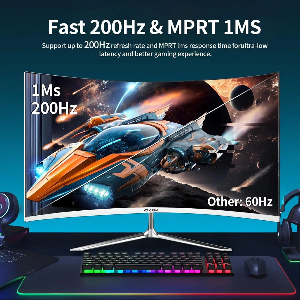 Crua Curved Gaming Monitor 27 Inch, 200Hz Fhd 1080P, Freesync, Low Motion Blur, Eye Protection,