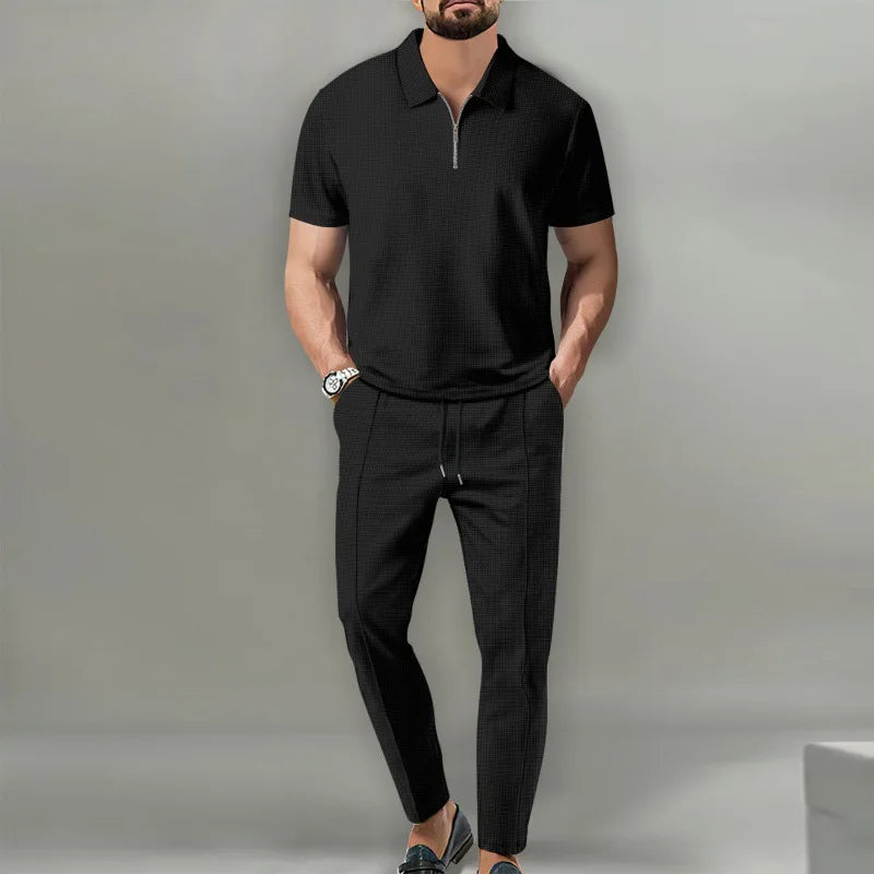 Conjunto Polo Waffle Hombre – Manga Corta y Pantalón con Cordón
