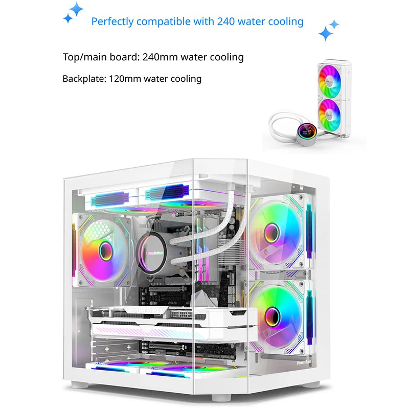 Power Train Star Realm M-ATX Desktop Case Three Sided Glass Panoramic Sea View Room Without Pillars 240 Water Cooler PC Case