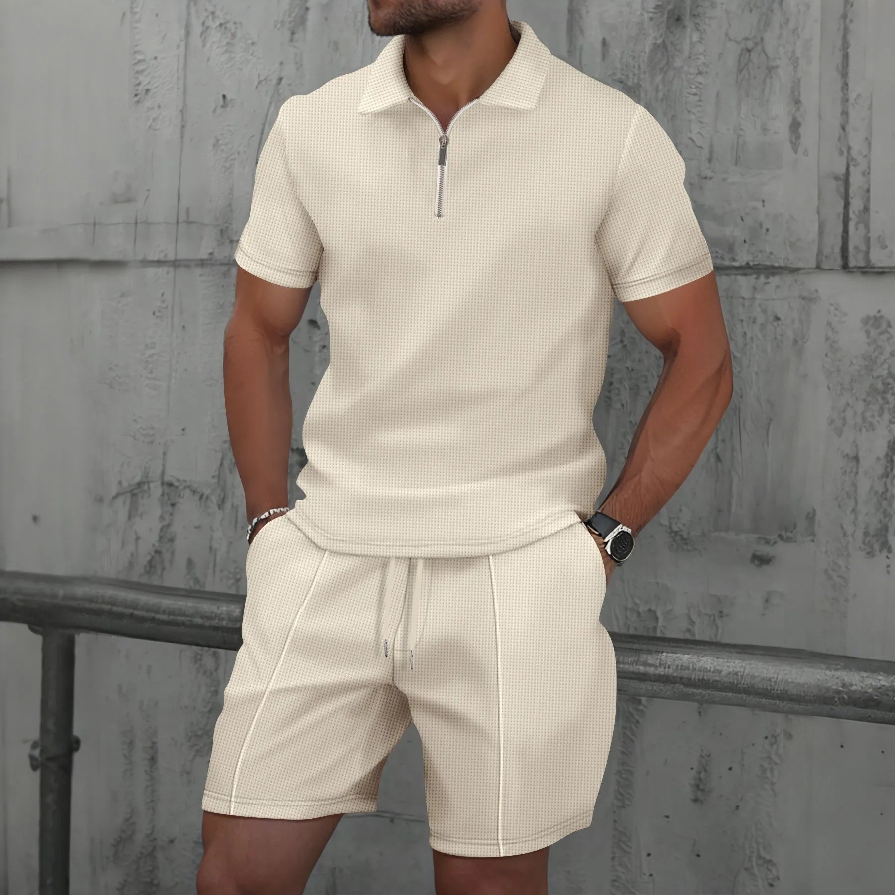 Conjunto Verano Hombre Waffle - Polo Manga Corta y Bermuda