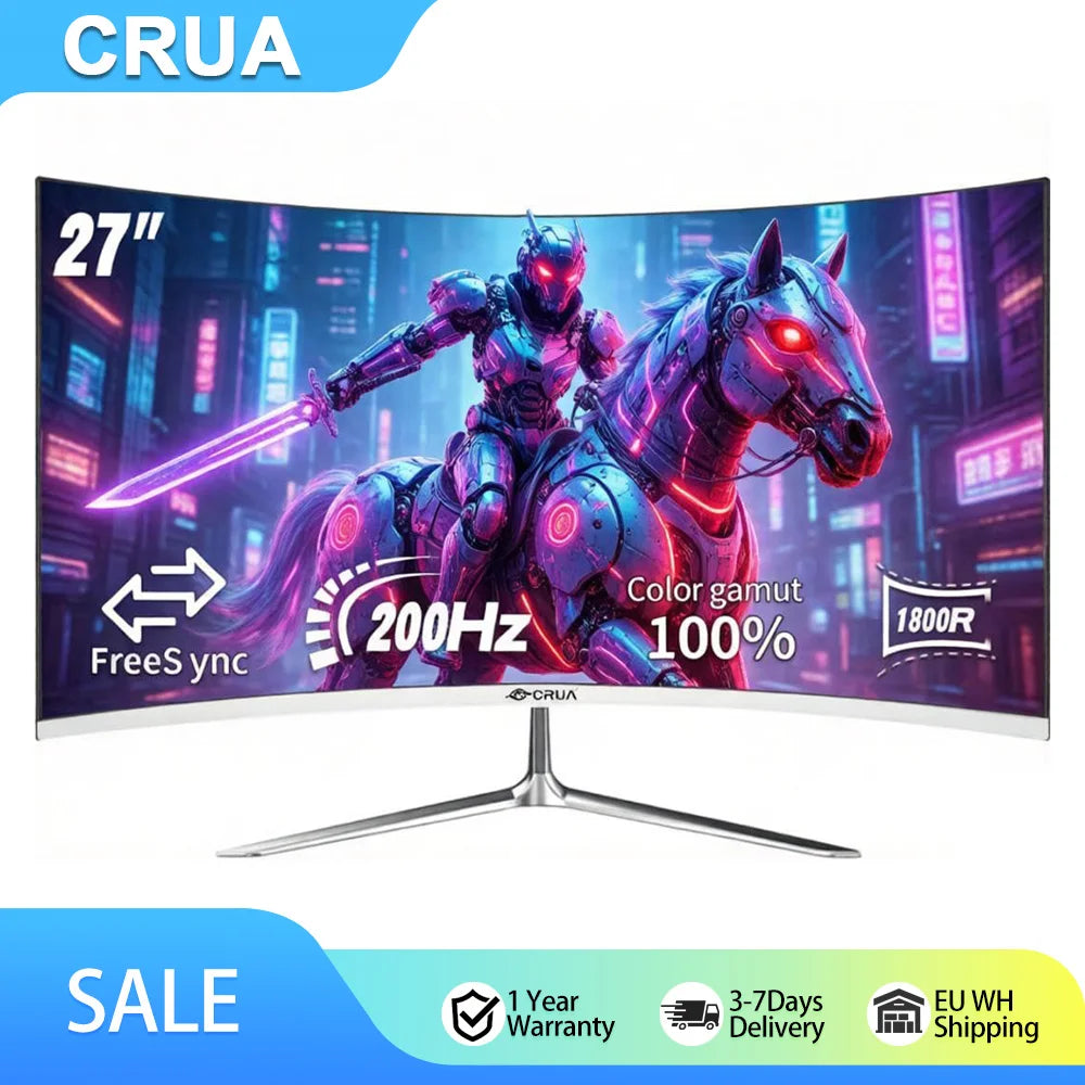 Crua Curved Gaming Monitor 27 Inch, 200Hz Fhd 1080P, Freesync, Low Motion Blur, Eye Protection,