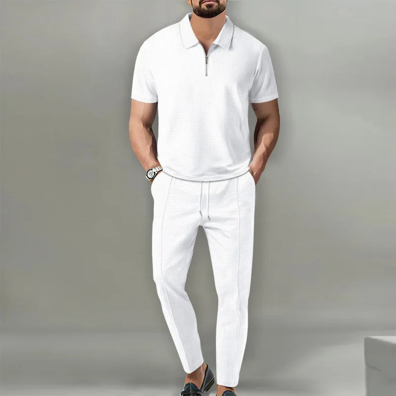 Conjunto Polo Waffle Hombre – Manga Corta y Pantalón con Cordón