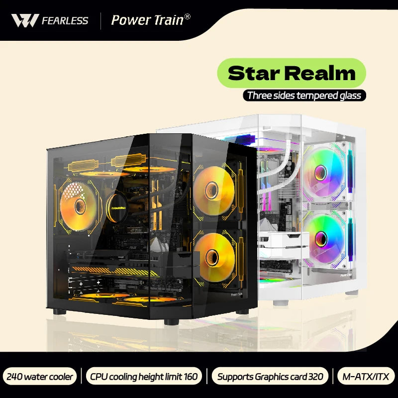 Power Train Star Realm M-ATX Desktop Case Three Sided Glass Panoramic Sea View Room Without Pillars 240 Water Cooler PC Case
