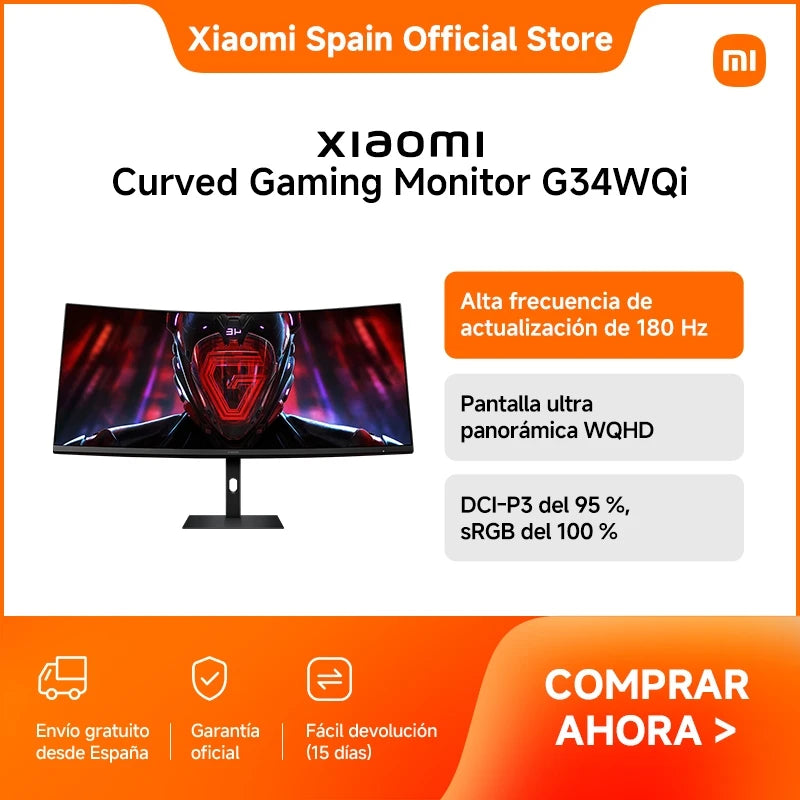 Official |   Xiaomi Curved Gaming Monitor G34Wqi, 180Hz High Refresh Rate, Wqhd Ultra-Wide Screen, 95% Dci-P3, 100% Srgb