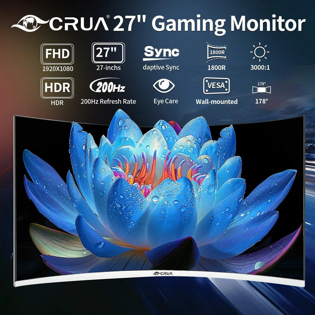 Crua Curved Gaming Monitor 27 Inch, 200Hz Fhd 1080P, Freesync, Low Motion Blur, Eye Protection,
