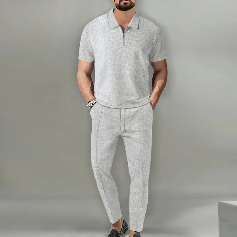 Conjunto Polo Waffle Hombre – Manga Corta y Pantalón con Cordón