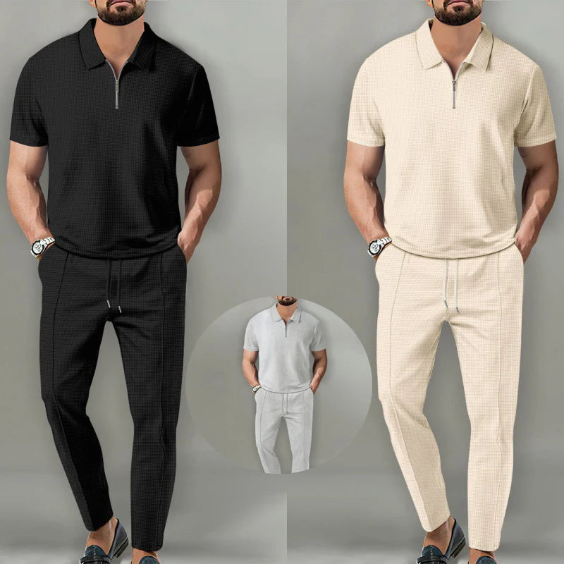 Conjunto Polo Waffle Hombre - Manga Corta y Pantalón con Cordón