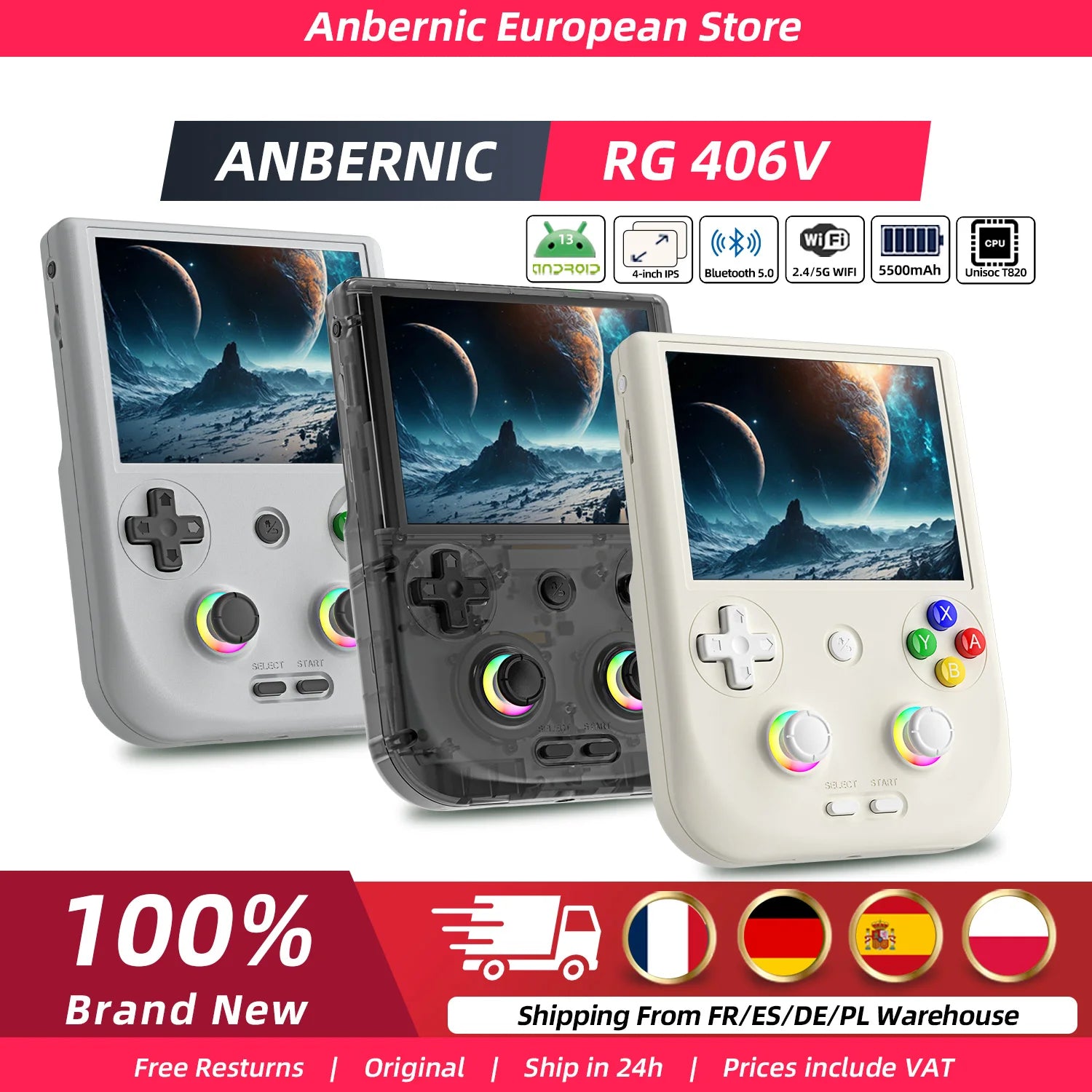 ANBERNIC RG406V Handheld Game Console 4-inch IPS Multi-Touch Screen Retro Game Console Portable Pocket Video Gaming Player Gift